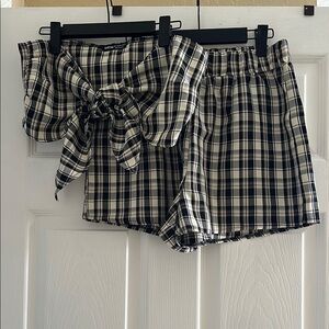SHEIN Black and White Plaid Women Shorts w/ Tie Front Tube Top